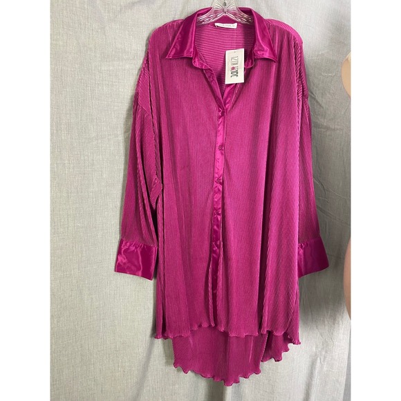 12th‎ Tribe Pleated Satin Button Down Tunic Shirt Dress Magenta Pink L NWT - Picture 6 of 16